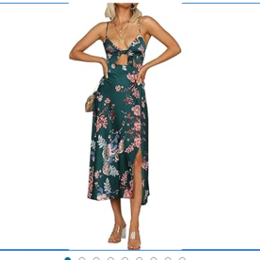 Green floral spaghetti strap dress with front cut out